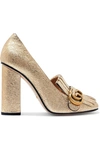 Gucci Marmont Fringed Logo-embellished Metallic Cracked-leather Pumps In Gold