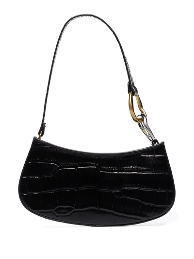 Staud Black Ollie Mock Croc Leather Shoulder Bag