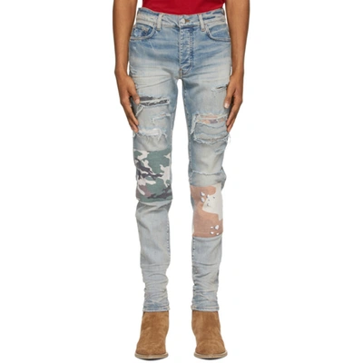 Amiri Camouflage-patch Distressed Slim-leg Jeans In Denim