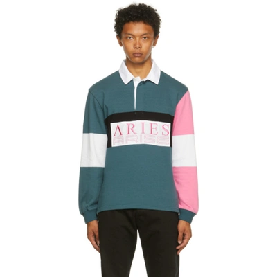 Aries Blue & Pink Colorblocked Rugby Long Sleeve Polo In White,green,pink,black