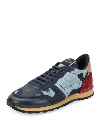 Valentino Garavani Rockrunner Camo Leather & Denim Sneakers In Blue