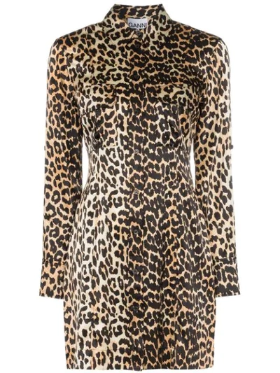 Ganni Leopard Print Shirt Dress In Black