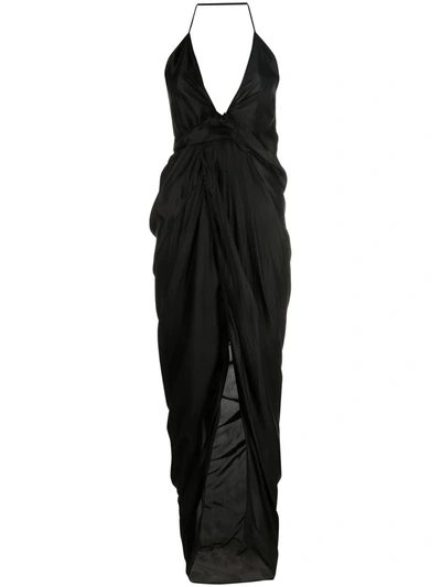 Rick Owens Laura Cupro Halterneck Maxi Wrap Dress In Black