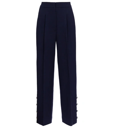 Alessandra Rich Button-embellished Pleated Wool-blend Crepe Wide-leg Trousers In Blue