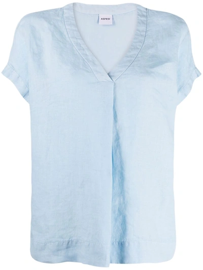 Aspesi V-neck Short-sleeve Linen T-shirt In Blue