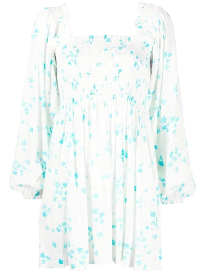 Ganni Shirred Floral-print Crepe Mini Dress In White/light Blue