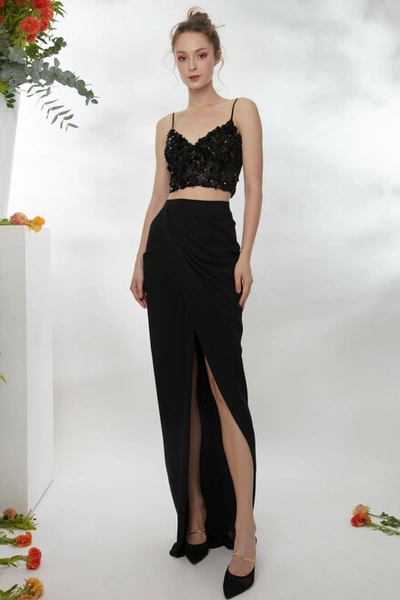 Gemy Maalouf Beaded Crop Top And Draped Skirt