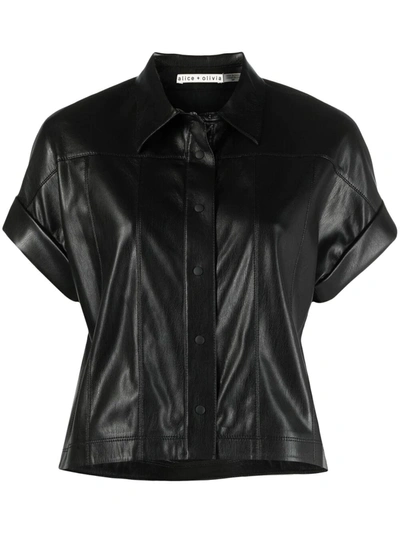 Alice And Olivia Edyth Vegan Leather Button-down Top In Black