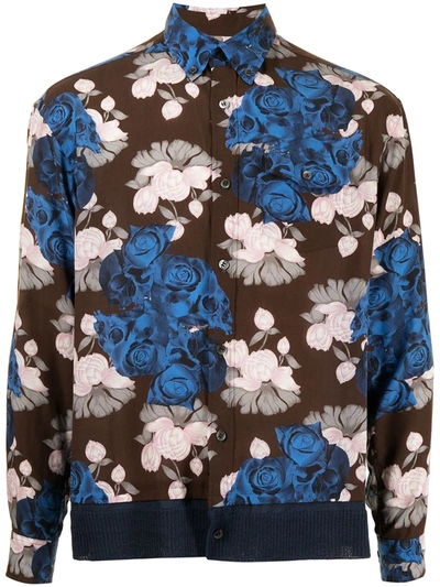 Undercover Floral-print Contrast-panel Shirt In Brown