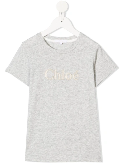 Chloé Kids' Logo Embroidered Cotton T-shirt In Grey