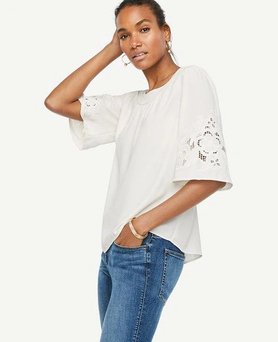 Ann Taylor Petite Floral Embroidered Sleeve Top In Winter White