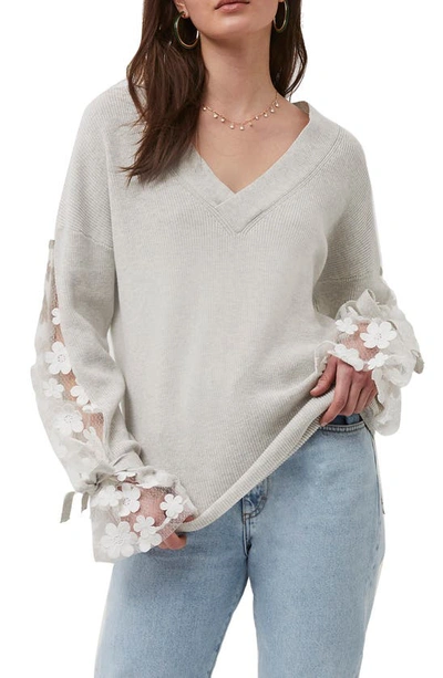 French Connection Caballo Floral-lace Sleeve Sweater In Dove Grey Multi