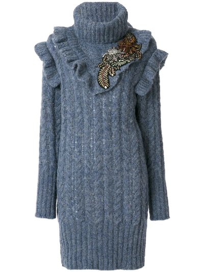 Miu Miu Cable-knit Embroidered Alpaca Sweater Dress In Grey