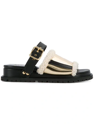 Sacai Buckled Leather And Mirror Shearling Slide Sandals In Black