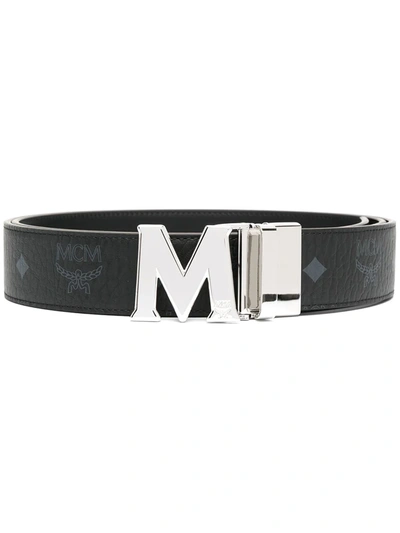 Mcm Women's Visetos Logo Buckle Reversible Belt In Black