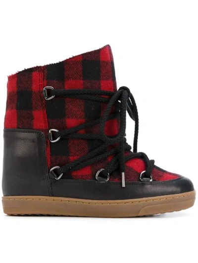 Isabel Marant Nowles Shearling-lined Leather-trimmed Plaid Wool Boots In Rosso