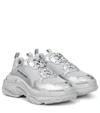 Balenciaga Triple S Logo-embroidered Metallic Leather And Mesh Sneakers In Grey