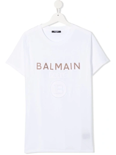 Balmain Teen Logo-print Short-sleeved T-shirt In Bianco