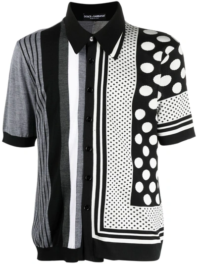 Dolce & Gabbana Silk Blend Polo Shirt With Jacquard Prints In Black