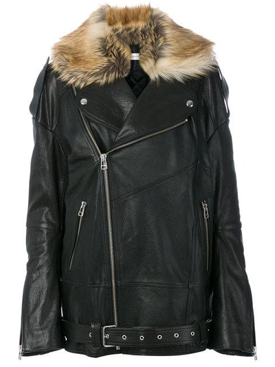 Faith Connexion Jacket With Fringe And Racoon Fur Collar In Black