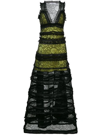 Givenchy Sleeveless V-neck Tiered Lace Gown, Black/yellow