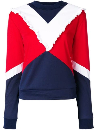 Msgm Ruffled Technical Jersey Sweatshirt In White Blue Red