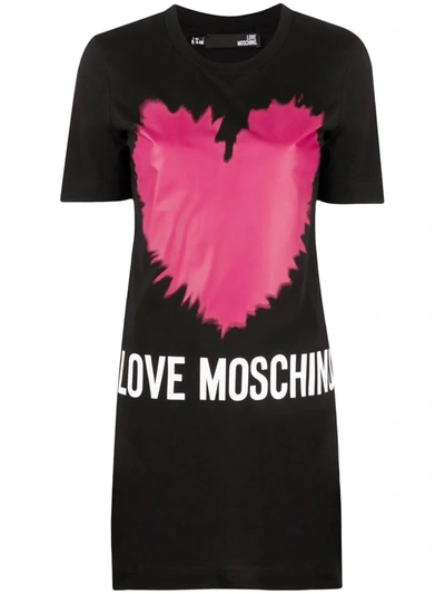 Love Moschino W5a02 21 M3876 Short Cotton Dress With Big Heart And Front Logo In Black