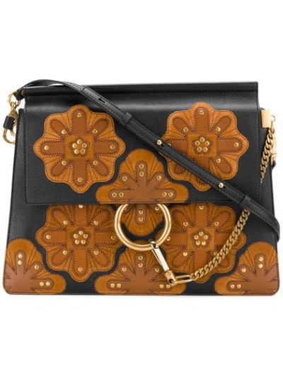 Chloé 'faye' Medium Stud Floral Patch Leather Shoulder Bag In Black