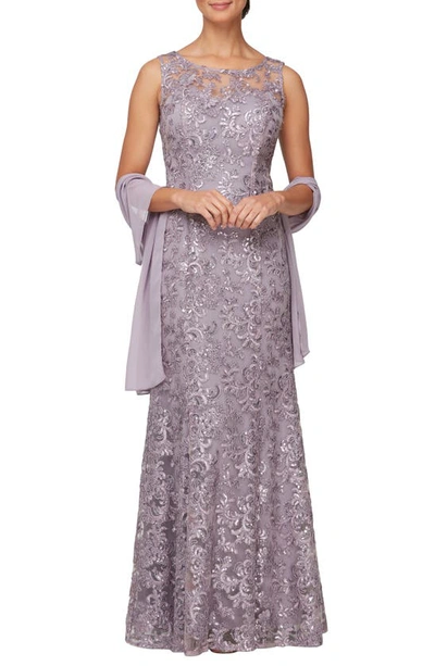 Alex Evenings Sequin Sleeveless Gown With Shawl In Wisteria