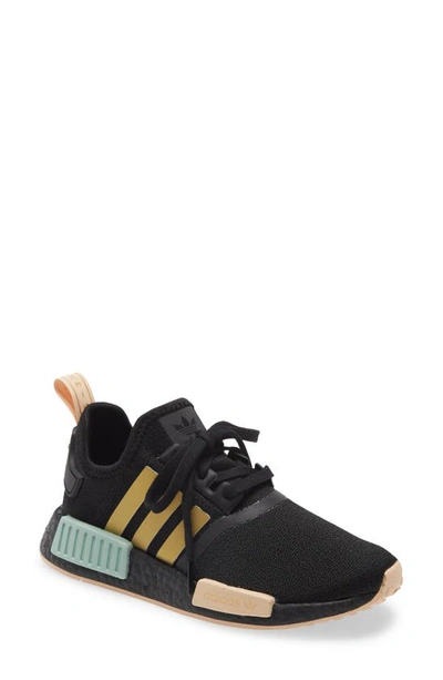 Adidas Originals Women's Nmd R1 Lace Up Knit Fabric Athletic Running Sneakers In Core Black/ Gold/halo Amber
