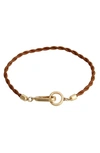 Allsaints Carabiner Clip Woven Leather Bracelet In Cognac