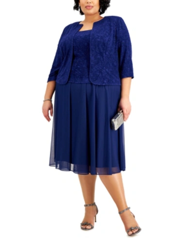 Alex Evenings Plus Size Jacquard-top Dress & Matching Jacket In Navy Blue