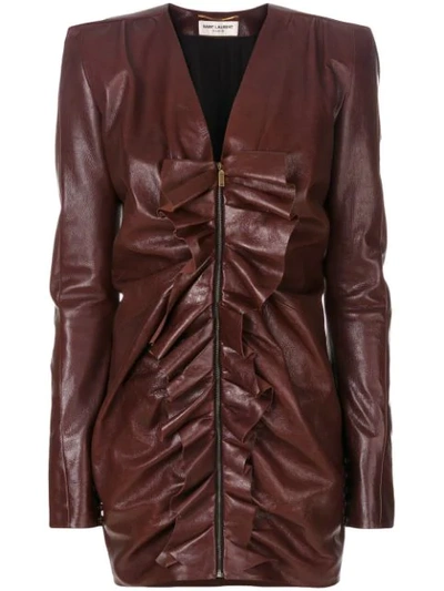 Saint Laurent Ruffled-panel Leather Mini Dress In Brown