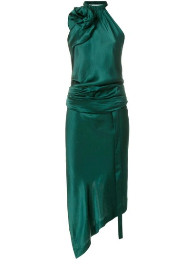 Saint Laurent Open-back Halterneck Satin Dress In Green