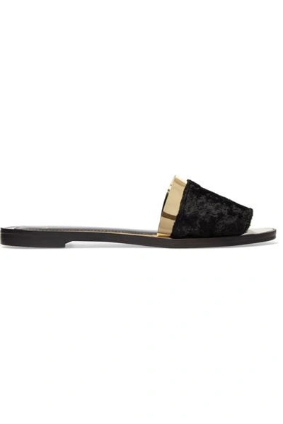 Lanvin Faux Fur And Metallic Leather Slides In Black