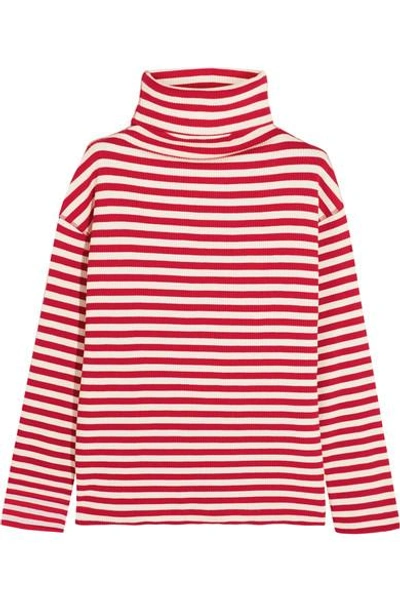 Sjyp Embroidered Ribbed Striped Cotton-blend Turtleneck Sweater