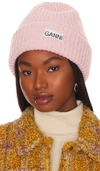 Ganni Rib-knit Logo-patch Beanie In Pink Nectar