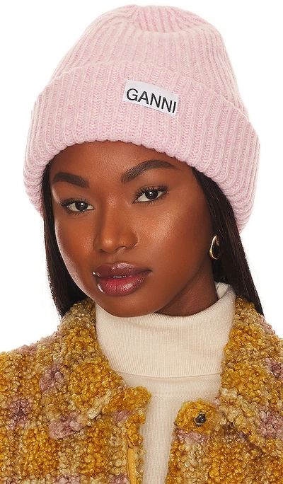 Ganni Logo-patch Beanie Hat In Pink