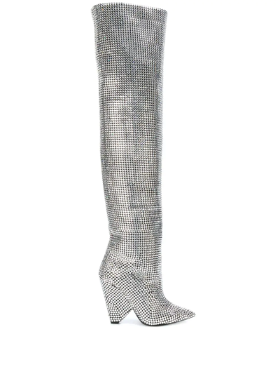 Saint Laurent Niki Swarovski Crystal-embellished Leather Knee Boots In White