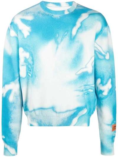 Heron Preston Knit Splash Print Crewneck Sweater, White And Light Blue