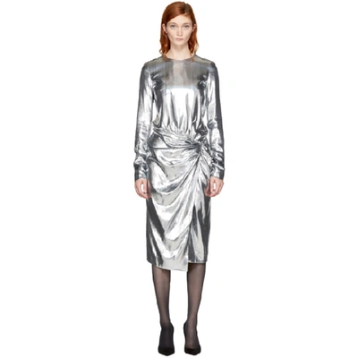 Saint Laurent Gathered Metallic Velvet Midi Dress In Silver