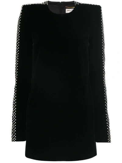 Saint Laurent Crystal-embellished Square-shoulder Velvet Dress In Black