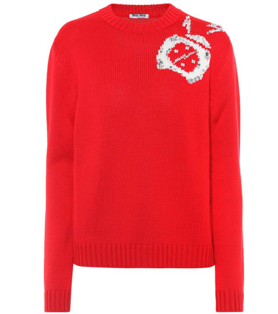 Miu Miu Lana Intarsia Embroidered Virgin Wool Sweater In Rosso|rosso