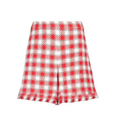 Oscar De La Renta Fray Hem Check Virgin Wool Shorts In White
