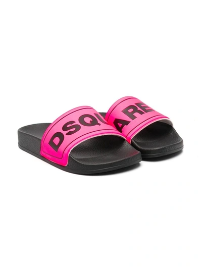 Dsquared2 Black And Fuchsia Teen Slippers With Dsquared Kids Logo