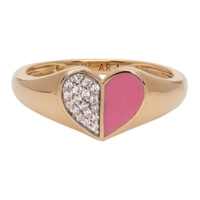 Adina Reyter Gold & Pink Ceramic Pavé Folded Heart Ring In Gold/pink