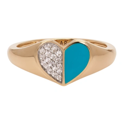Adina Reyter Gold & Blue Ceramic Pavé Folded Heart Ring In Gold/turquoise