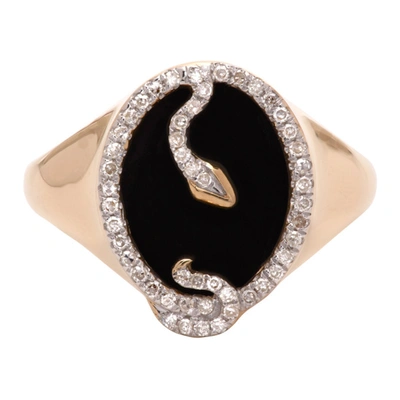 Adina Reyter Gold Onyx Oval Snake Signet Ring In Onyx/diamond