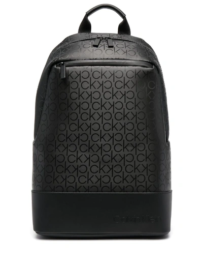 Calvin Klein Round Backpack With All-over Embossed Logo In Black