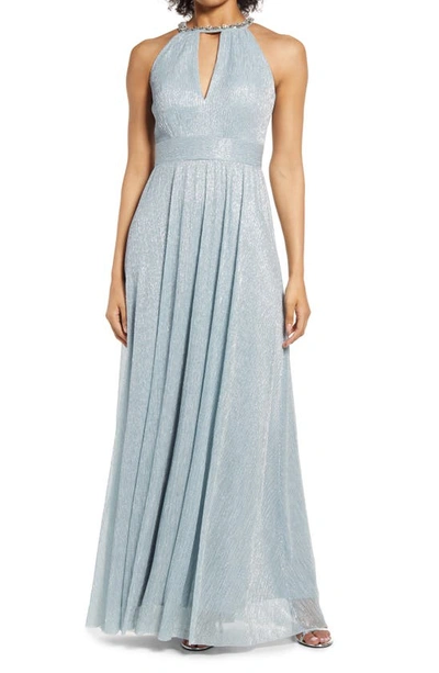 Eliza J Embellished Shimmer Halter A-line Gown In Sky